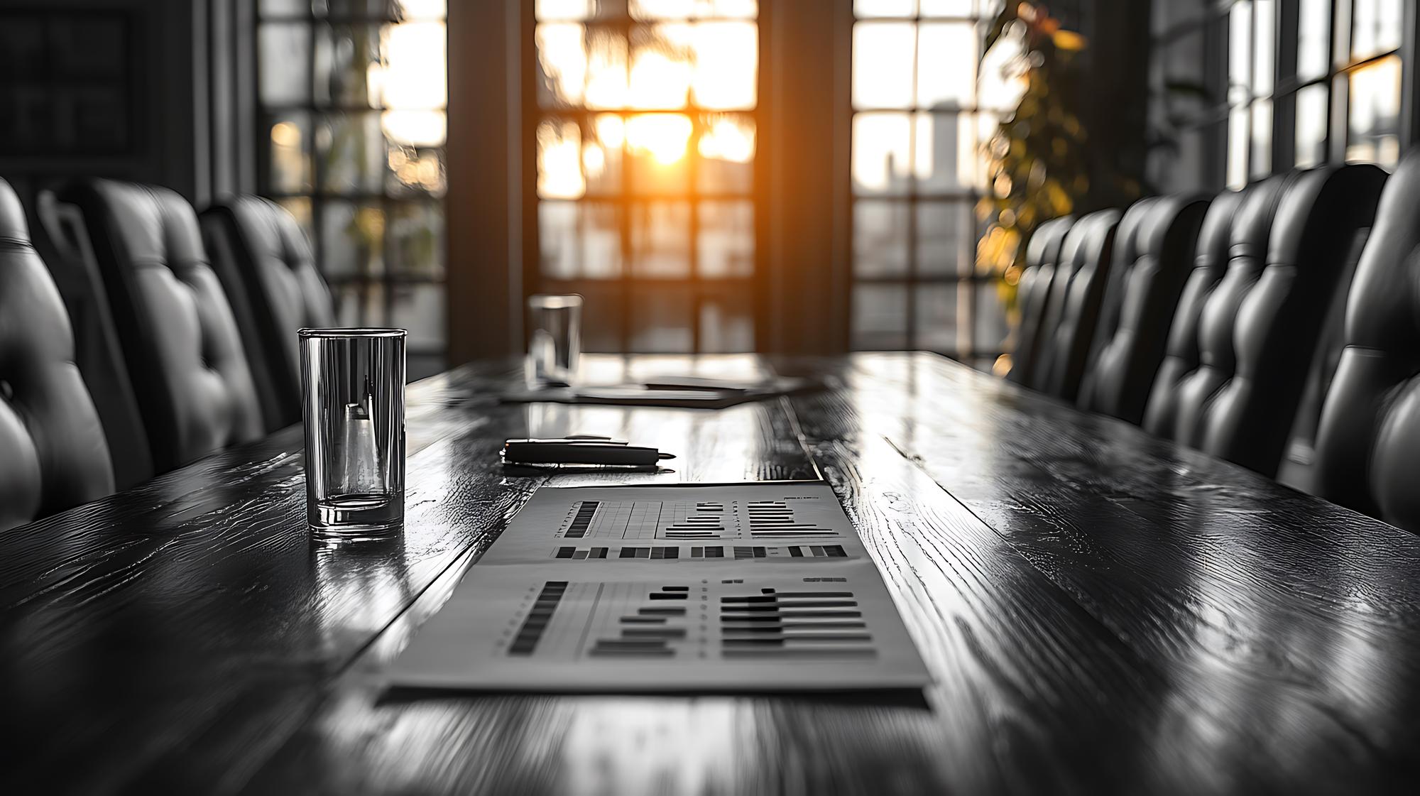 Eleganter Konferenztisch mit Finanzunterlagen
